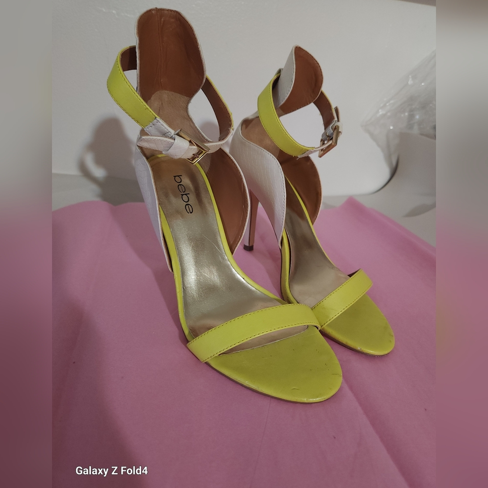 Bebe Yellow and White Stiletto Heels with Ankle Strap 7M